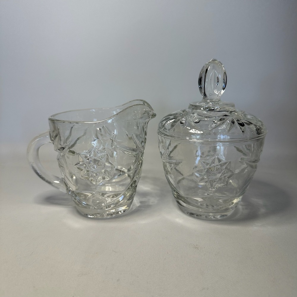 Vintage Anchor Hocking Early American Prescut Glass Creamer and Lidded Sugar Set